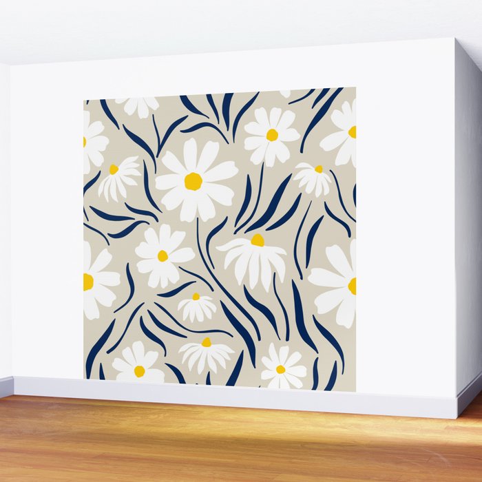 Harper Floral Prints, Ivory, Yellow Navy Blue Wall Mural Gallery Image 2