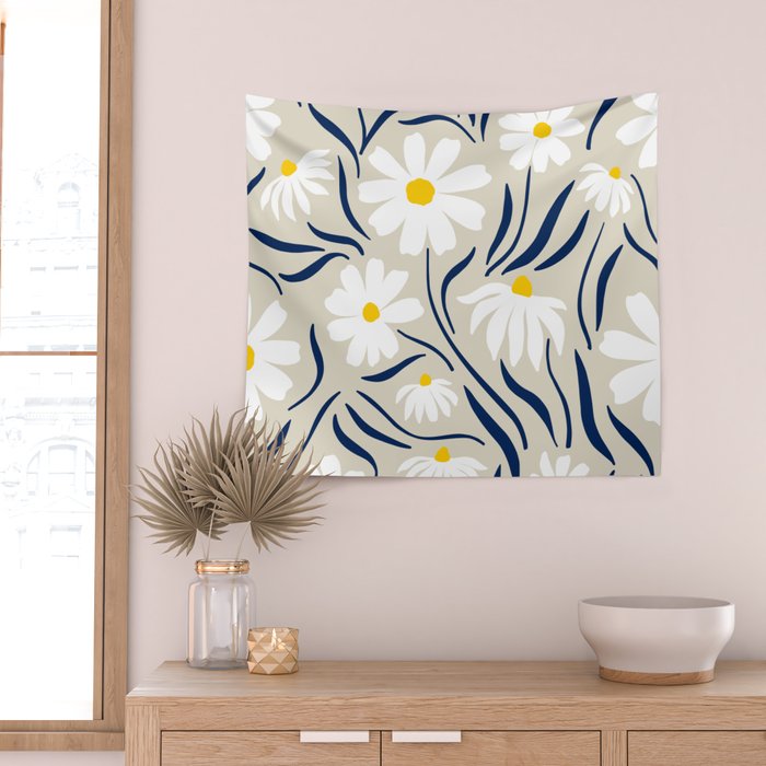 Harper Floral Prints, Ivory, Yellow Navy Blue Wall Tapestry Gallery Image 2