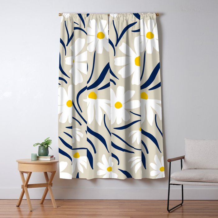 Harper Floral Prints, Ivory, Yellow Navy Blue Window Curtain Gallery Image 5