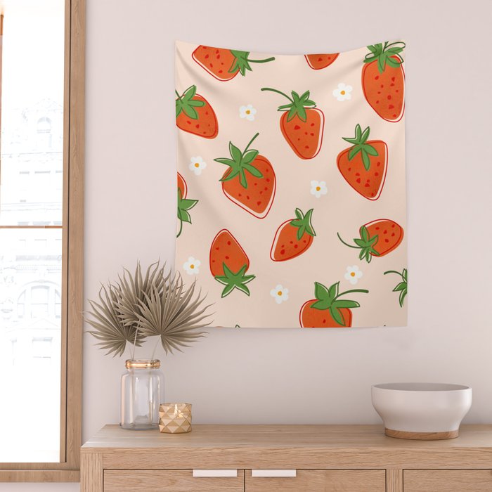 Red Strawberries Pattern Wall Tapestry Gallery Image 2