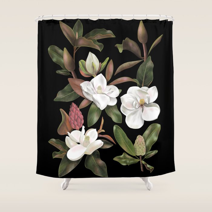 Magnolias Flowers Black Shower Curtain Gallery Image 1