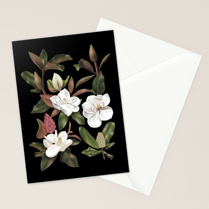 Magnolias Flowers Black Stationery Card Gallery Image 2