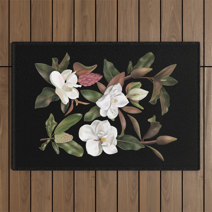 Magnolias Flowers Black Outdoor Rug Gallery Image 1