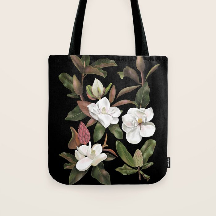 Magnolias Flowers Black Tote Bag Gallery Image 1