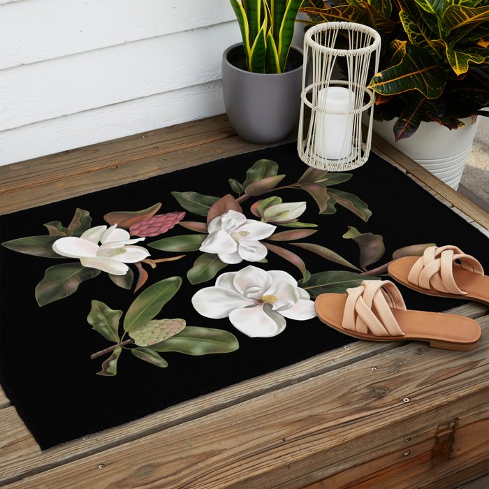 Magnolias Flowers Black Outdoor Rug Gallery Image 2