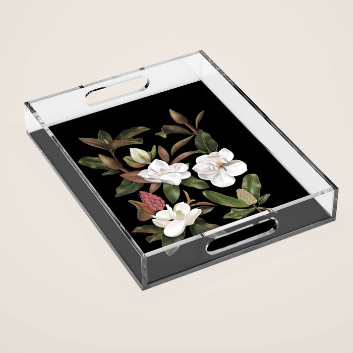 Magnolias Flowers Black Acrylic Tray Gallery Image 1