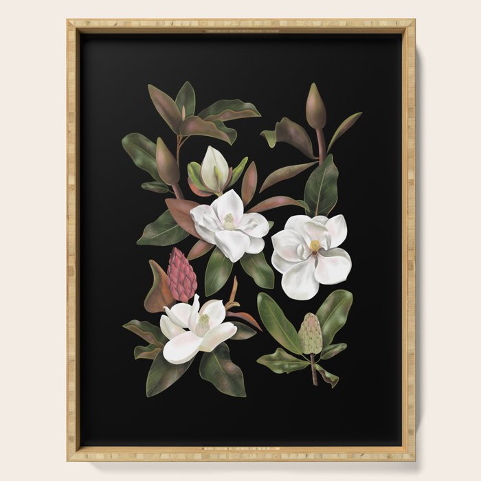 Magnolias Flowers Black Serving Tray Gallery Image 1