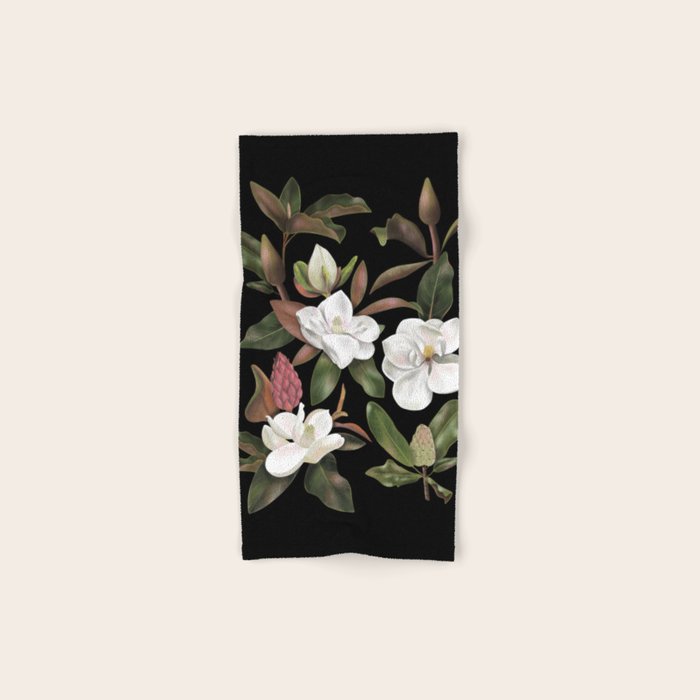 Magnolias Flowers Black Bath Towel Gallery Image 1