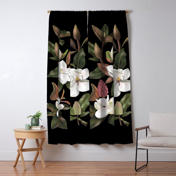 Magnolias Flowers Black Window Curtain Gallery Image 5