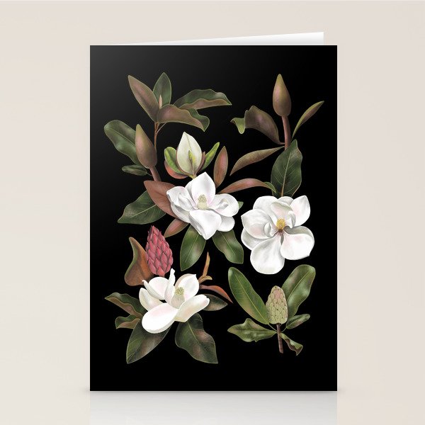 Magnolias Flowers Black Stationery Card Gallery Image 1