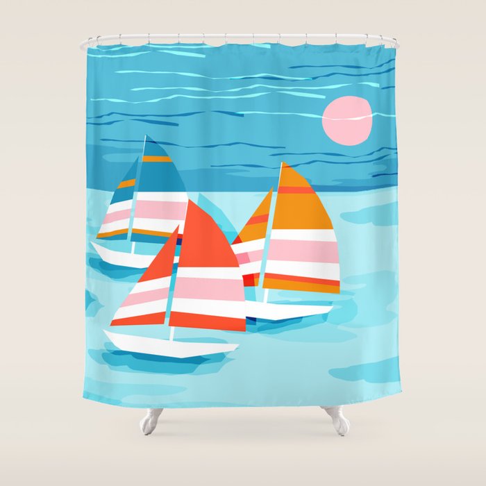 Popin - memphis sports retro throwback neon sailing sailboat cool rad gnarly trendy watersports Shower Curtain Gallery Image 1