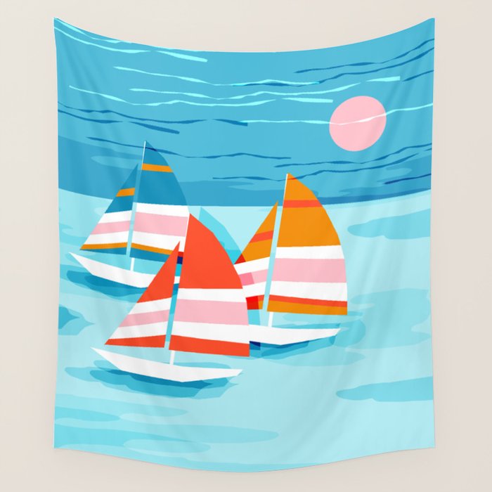 Popin - memphis sports retro throwback neon sailing sailboat cool rad gnarly trendy watersports Wall Tapestry Gallery Image 4