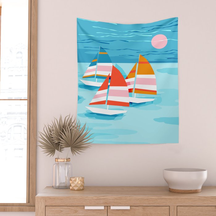 Popin - memphis sports retro throwback neon sailing sailboat cool rad gnarly trendy watersports Wall Tapestry Gallery Image 2