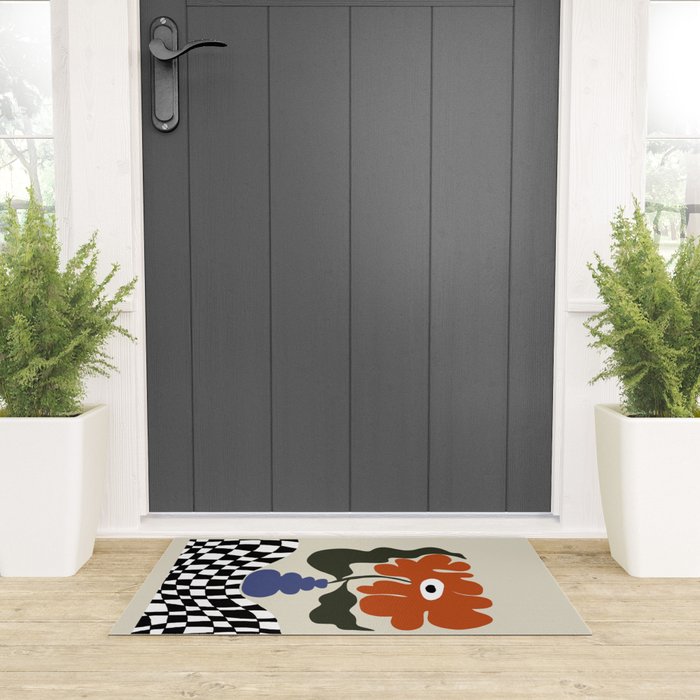 Bold retro flower with check  Welcome Mat Gallery Image 3