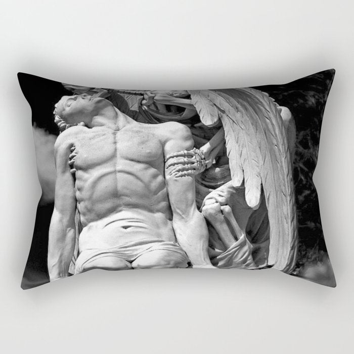 Kiss of Death, grave headstone winged angel of death marble sculpture and man Barcelona, Spain  Rectangular Pillow Gallery Image 1