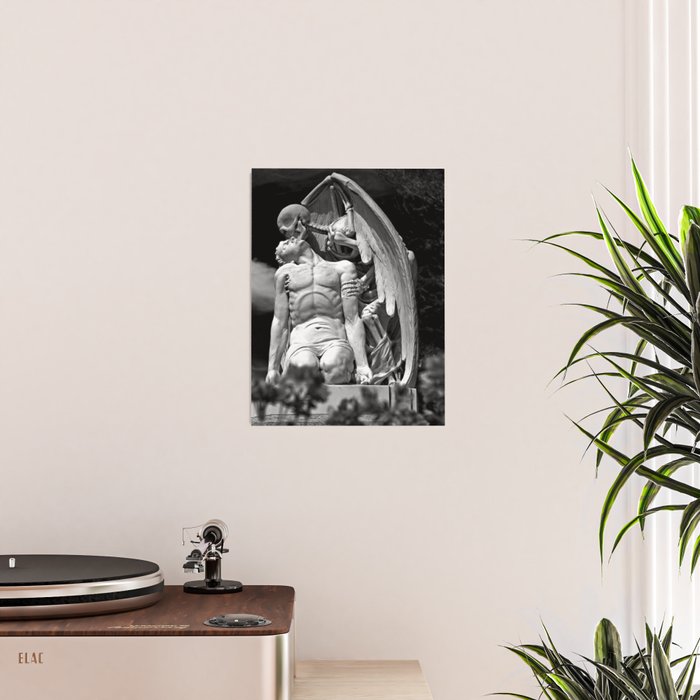 Kiss of Death, grave headstone winged angel of death marble sculpture and man Barcelona, Spain  Poster Gallery Image 2