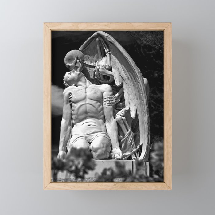 Kiss of Death, grave headstone winged angel of death marble sculpture and man Barcelona, Spain  Mini Art Print Gallery Image 1