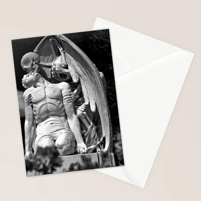 Kiss of Death, grave headstone winged angel of death marble sculpture and man Barcelona, Spain  Stationery Card Gallery Image 2
