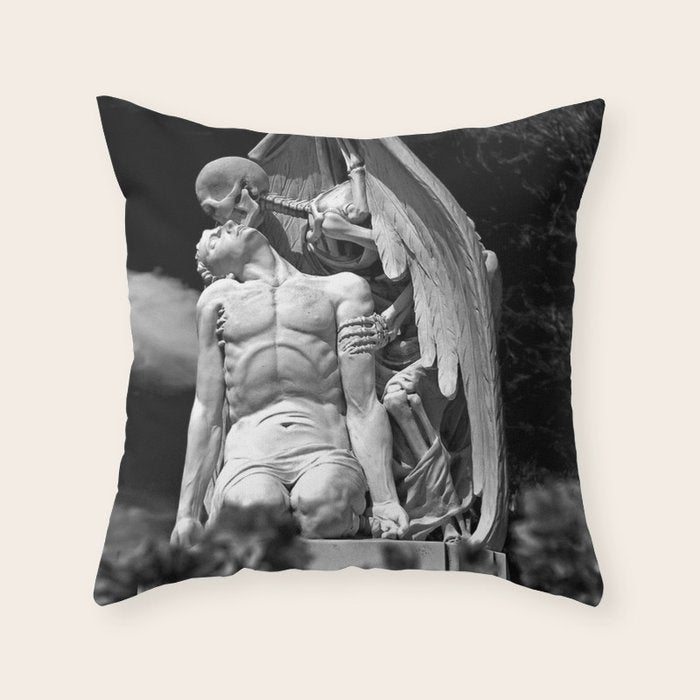 Kiss of Death, grave headstone winged angel of death marble sculpture and man Barcelona, Spain  Throw Pillow Gallery Image 6