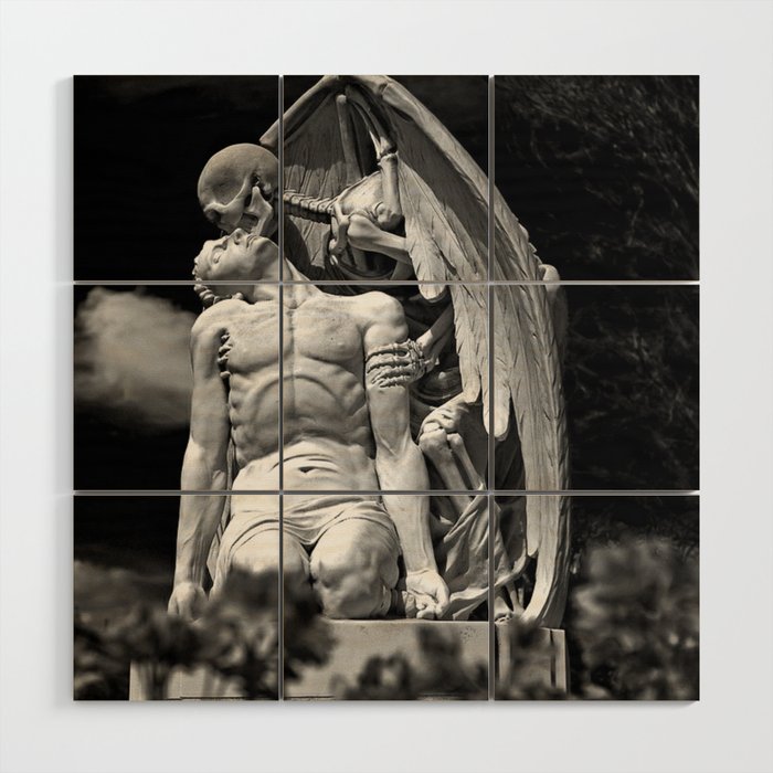 Kiss of Death, grave headstone winged angel of death marble sculpture and man Barcelona, Spain  Wood Wall Art Gallery Image 1