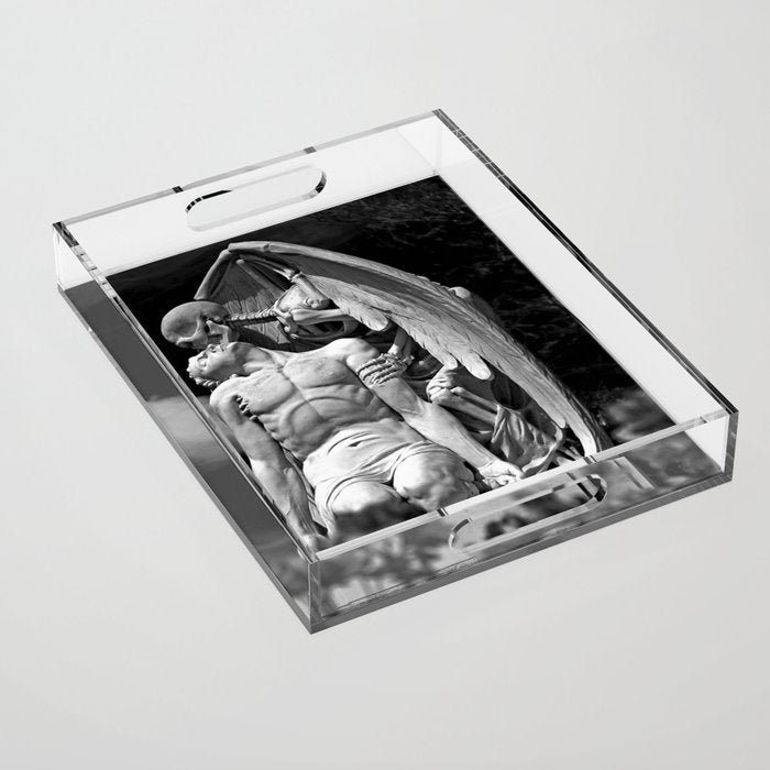 Kiss of Death, grave headstone winged angel of death marble sculpture and man Barcelona, Spain  Acrylic Tray Gallery Image 1