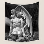 Kiss of Death, grave headstone winged angel of death marble sculpture and man Barcelona, Spain  Wall Tapestry Gallery Image 4