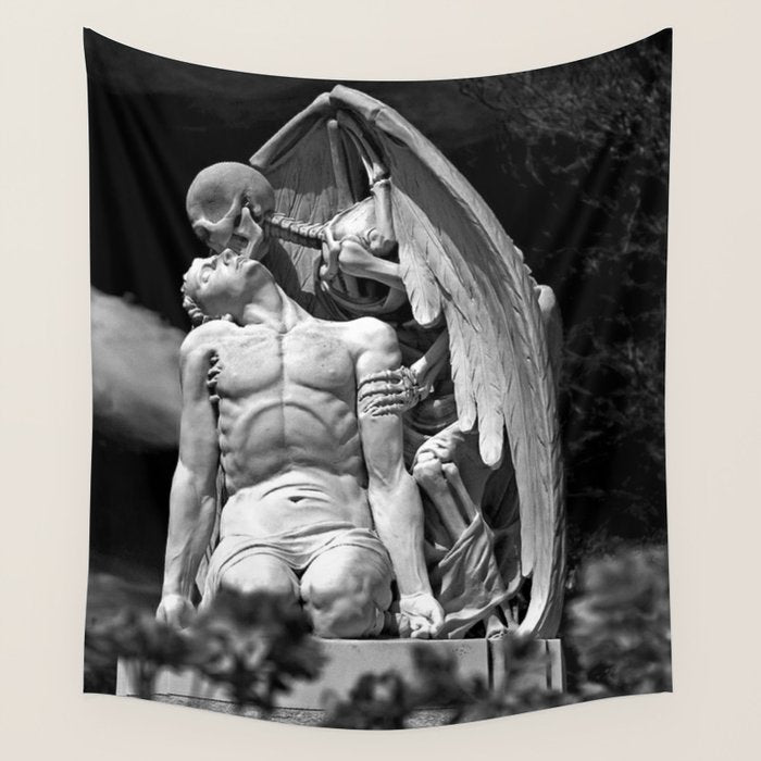 Kiss of Death, grave headstone winged angel of death marble sculpture and man Barcelona, Spain  Wall Tapestry Gallery Image 4