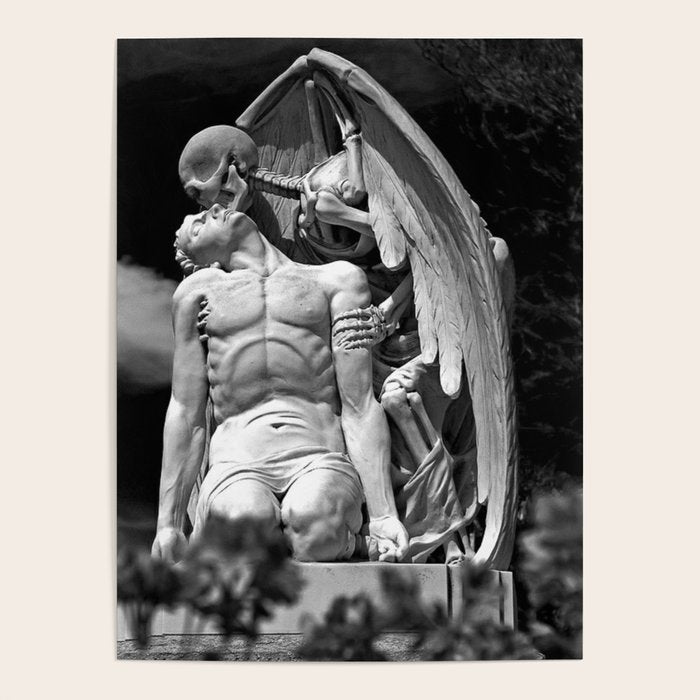 Kiss of Death, grave headstone winged angel of death marble sculpture and man Barcelona, Spain  Poster Gallery Image 4