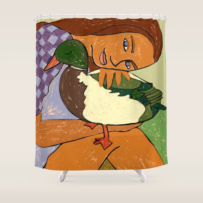The Girl And The Green Headed Goose Shower Curtain Gallery Image 1