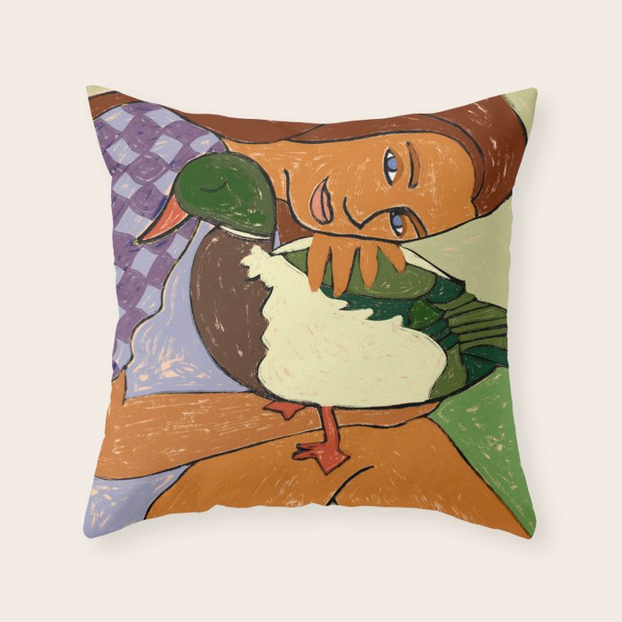 The Girl And The Green Headed Goose Throw Pillow Gallery Image 1
