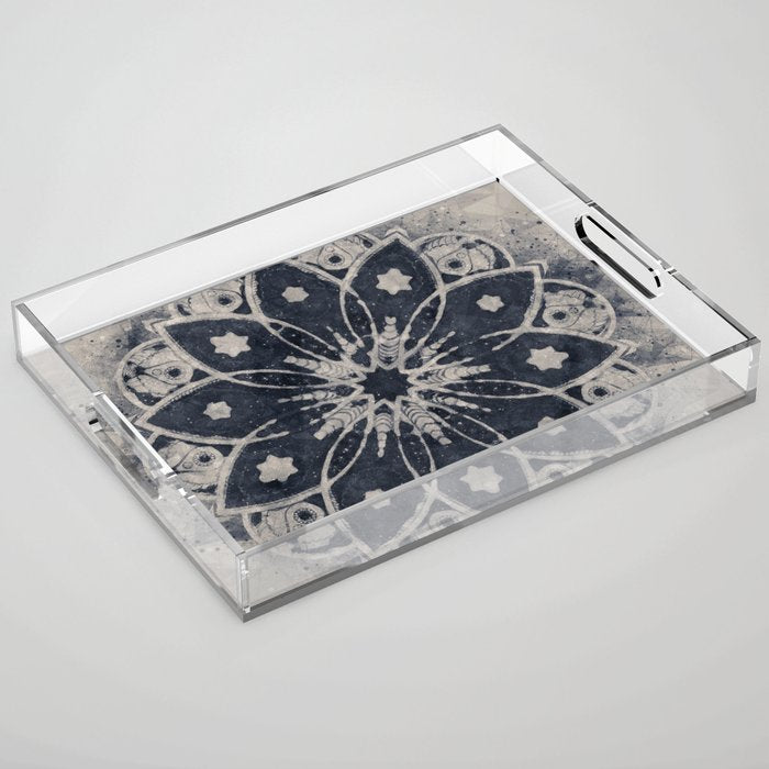 Mandala, Flower, Indigo Blue, Boho Art Acrylic Tray Gallery Image 1