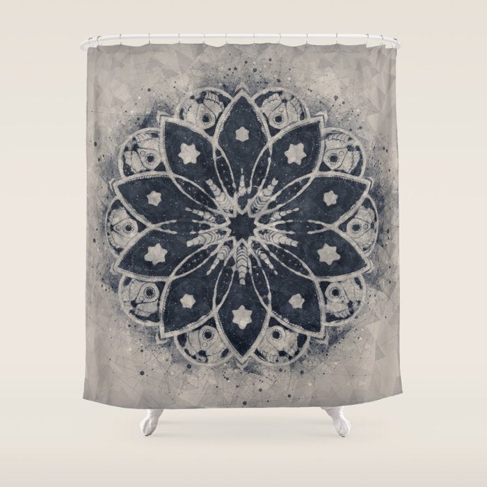 Mandala, Flower, Indigo Blue, Boho Art Shower Curtain Gallery Image 1