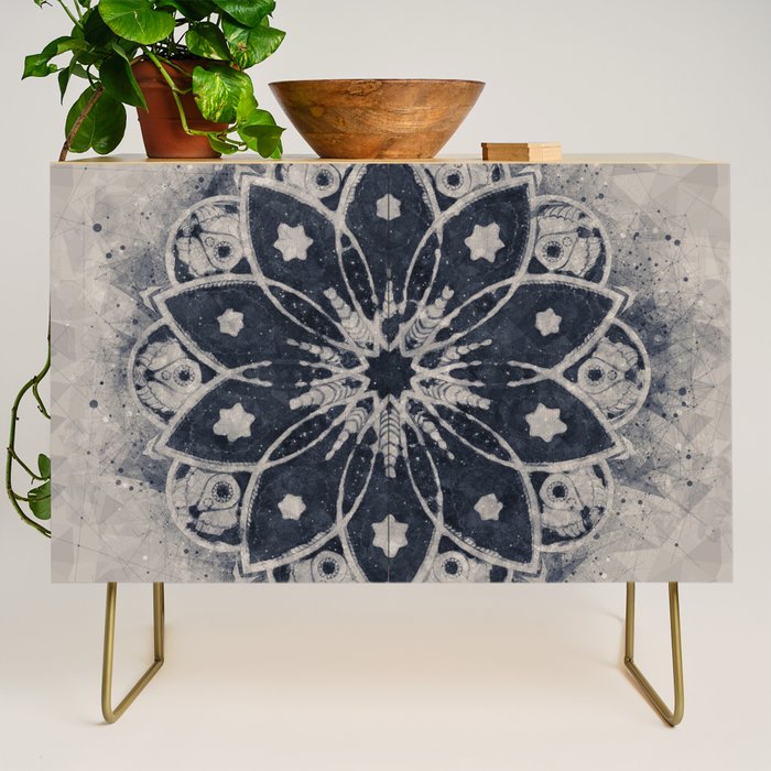 Mandala, Flower, Indigo Blue, Boho Art Credenza Gallery Image 1