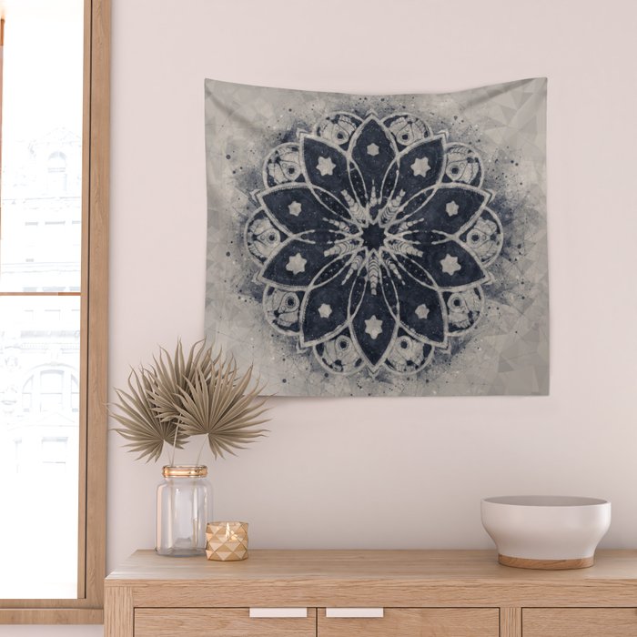 Mandala, Flower, Indigo Blue, Boho Art Wall Tapestry Gallery Image 2