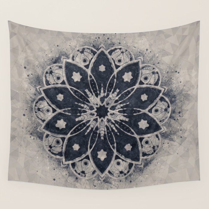 Mandala, Flower, Indigo Blue, Boho Art Wall Tapestry Gallery Image 4