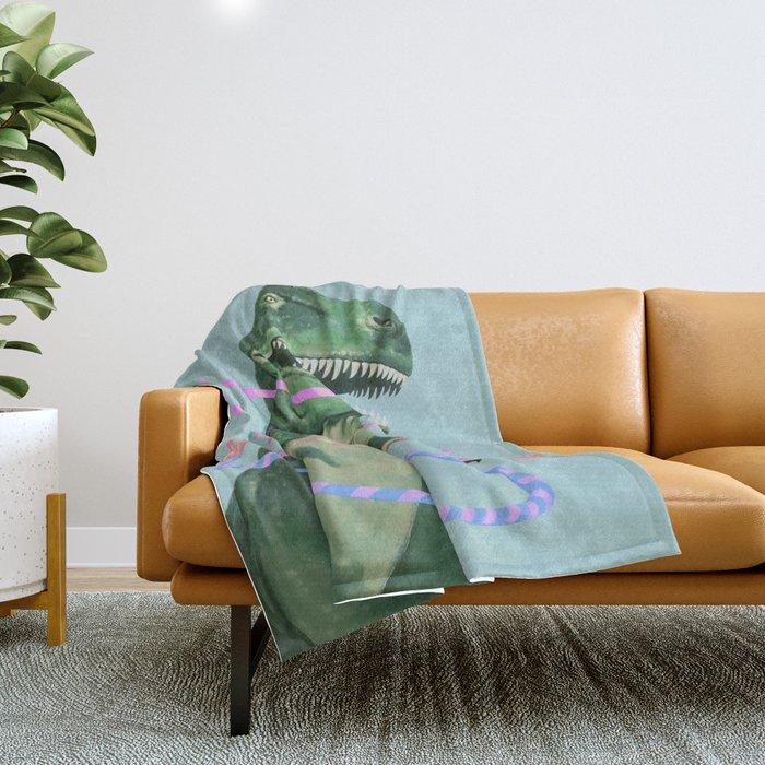 T-Rex the Hula Dancer in Green Throw Blanket Gallery Image 1