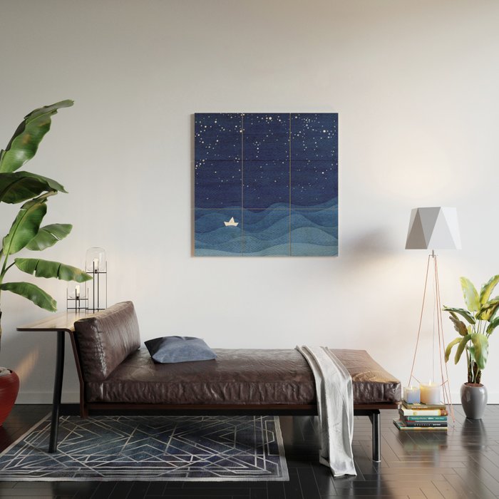 blue ocean waves, sailboat ocean stars Wood Wall Art Gallery Image 2