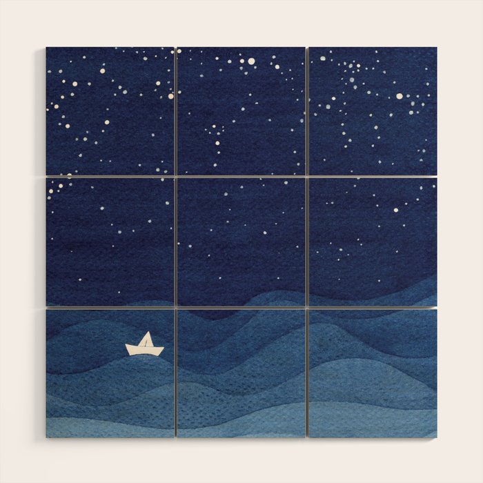 blue ocean waves, sailboat ocean stars Wood Wall Art Gallery Image 1