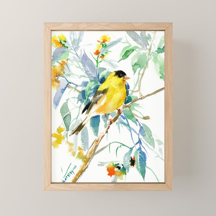 American Goldfinch, yellow sage green birds and flowers Mini Art Print Gallery Image 1