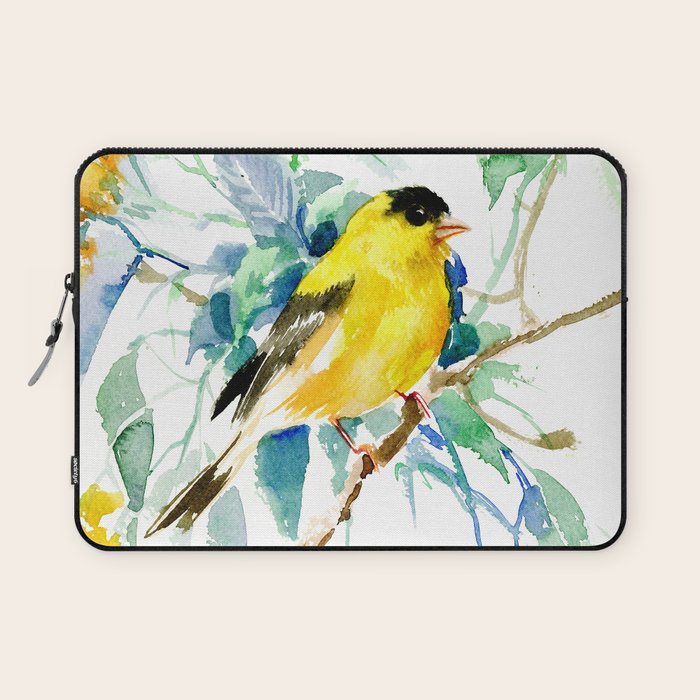 American Goldfinch, yellow sage green birds and flowers Laptop Sleeve Gallery Image 1