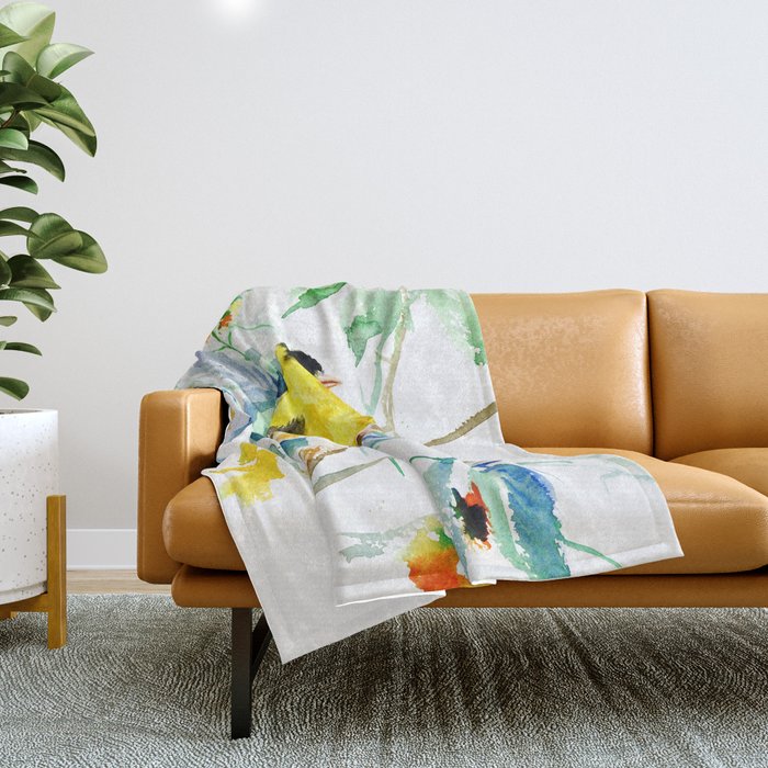 American Goldfinch, yellow sage green birds and flowers Throw Blanket Gallery Image 1