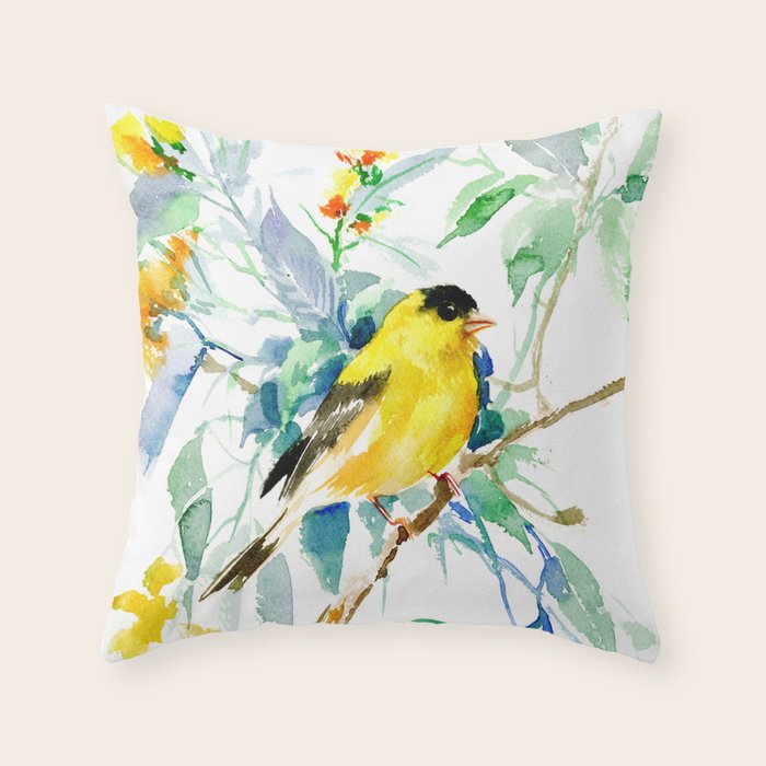 American Goldfinch, yellow sage green birds and flowers Throw Pillow Gallery Image 1