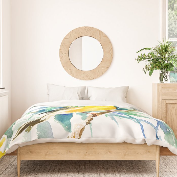 American Goldfinch, yellow sage green birds and flowers Duvet Cover Gallery Image 3