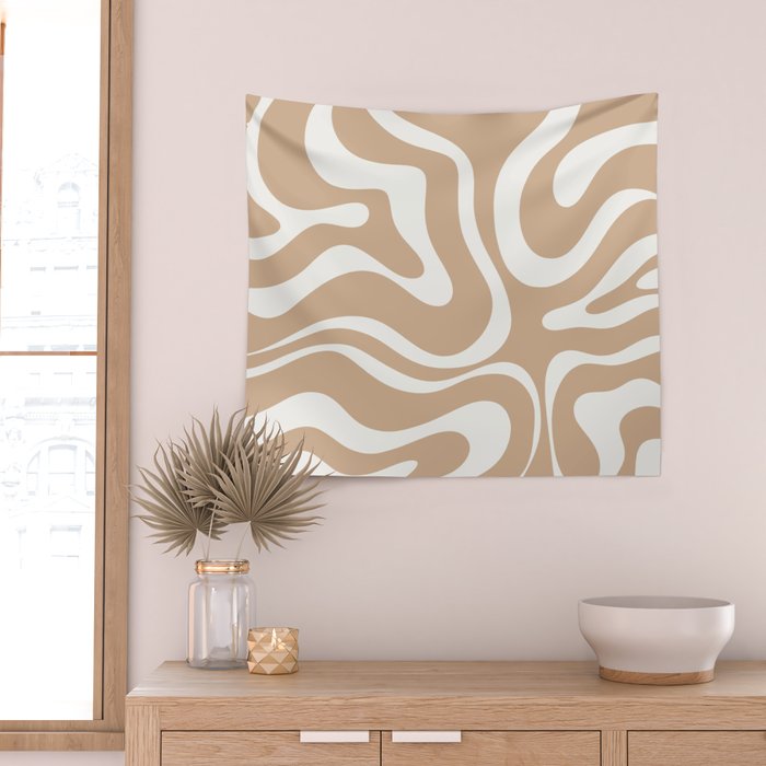 Modern Liquid Swirl Abstract Pattern in Coffee Creme Wall Tapestry Gallery Image 2