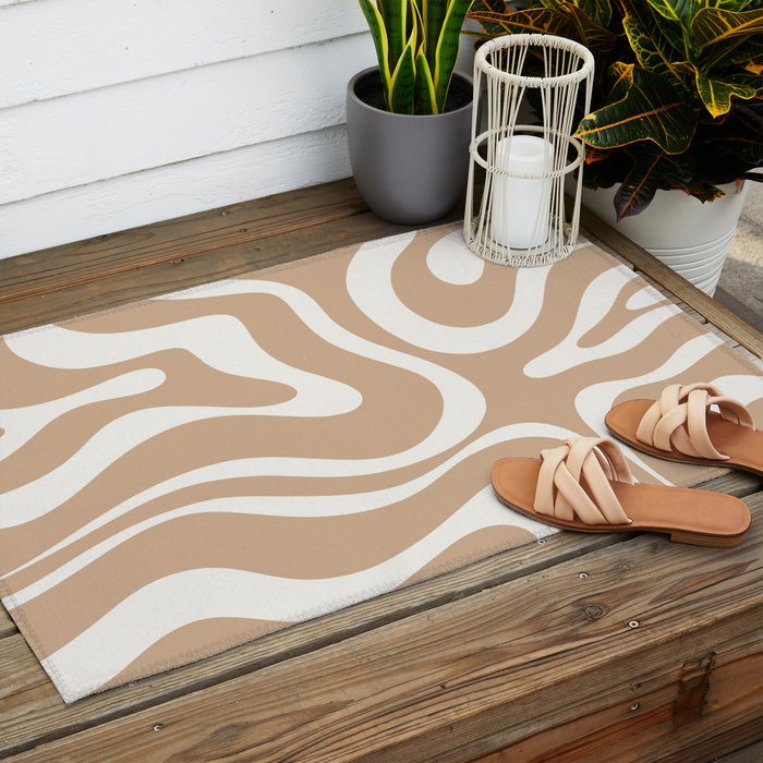 Modern Liquid Swirl Abstract Pattern in Coffee Creme Outdoor Rug Gallery Image 2