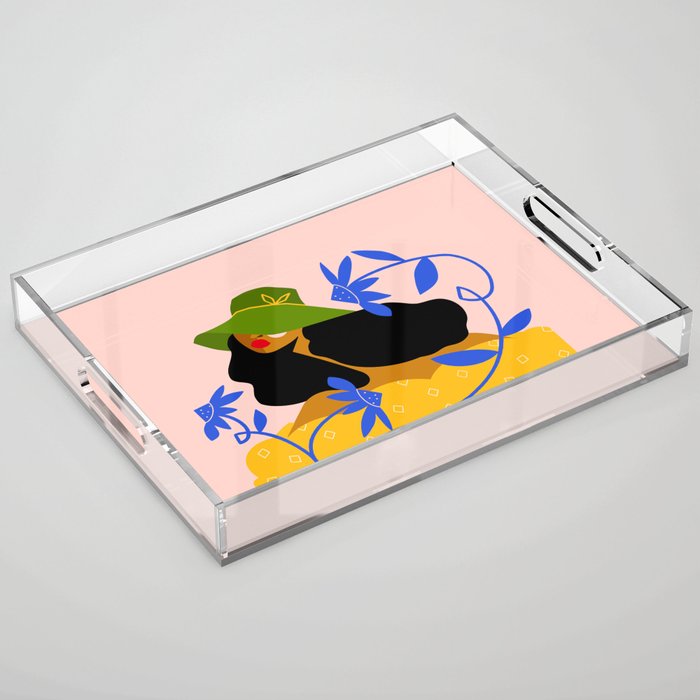 Summer in Bloom - Black Woman in Hat with Florals Acrylic Tray Gallery Image 1