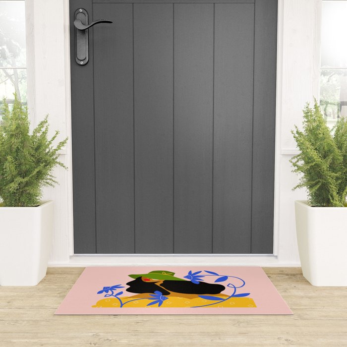 Summer in Bloom - Black Woman in Hat with Florals Welcome Mat Gallery Image 3