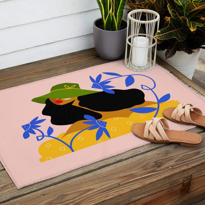 Summer in Bloom - Black Woman in Hat with Florals Outdoor Rug Gallery Image 2