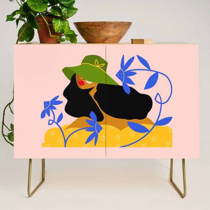 Summer in Bloom - Black Woman in Hat with Florals Credenza Gallery Image 1