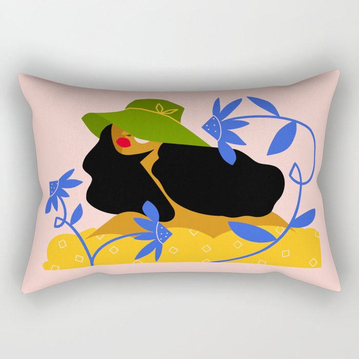 Summer in Bloom - Black Woman in Hat with Florals Rectangular Pillow Gallery Image 2
